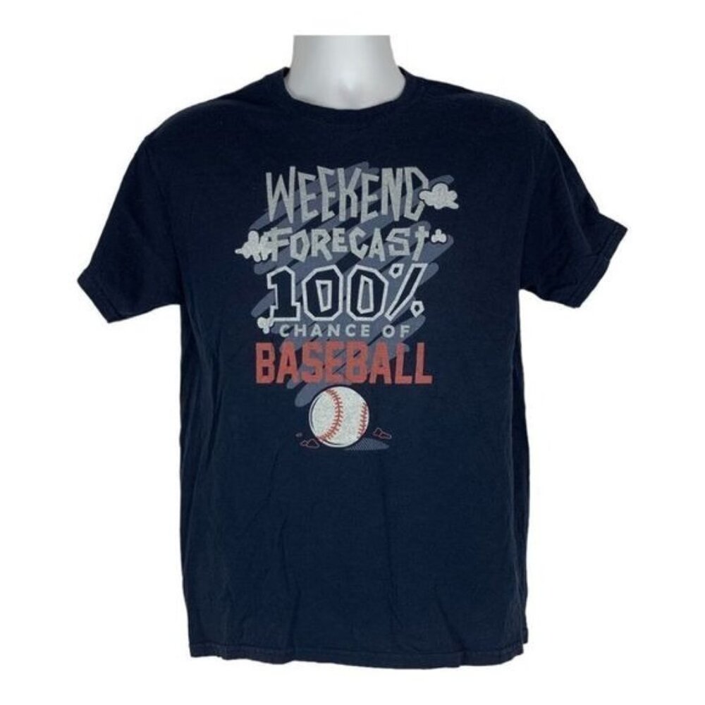 Weekend Forecast Baseball Graphic Tee M Gildan Heavy Cotton Navy Blue Mens Shirt
